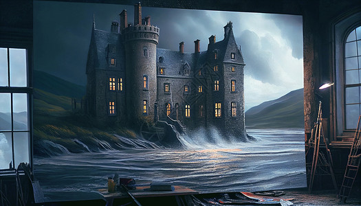 海边城堡油画图片