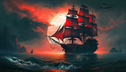 血月帆船背景图片