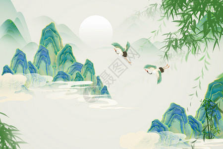 鶴绿色创意唯美大气国潮山水背景设计图片