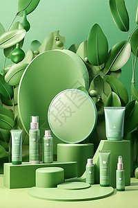 绿色背景下的化妆品图片