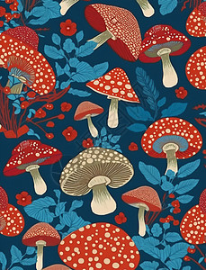 蓝色蘑菇白点蘑菇背景图插画