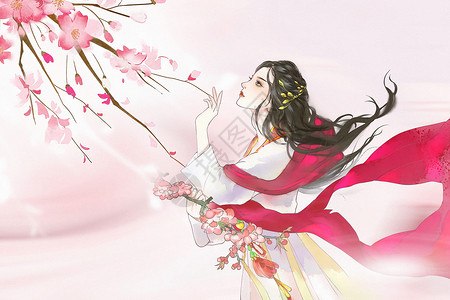 撑船赏荷女孩水墨中国风赏樱花背景设计图片