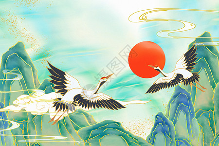 手绘古风墙面国潮山水仙鹤背景设计图片