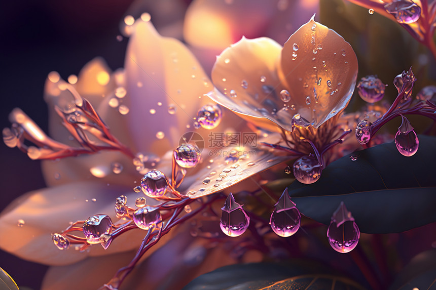 玻璃质感水滴与树叶图片