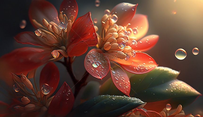 水滴和红色花卉图片