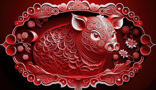 红肚兜猪红猪精美纸雕插画