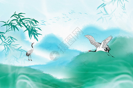 湿地水鸟清新水墨风山水仙鹤背景设计图片
