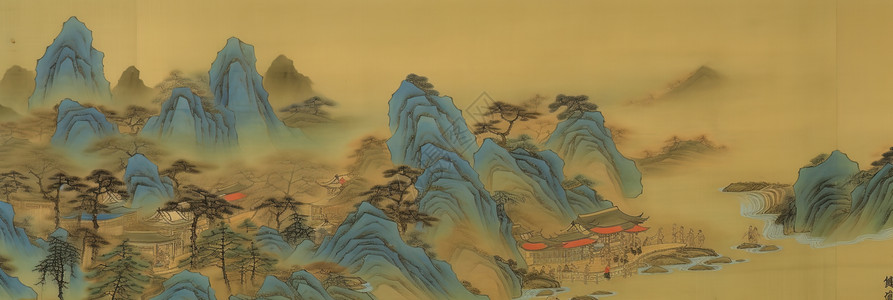 青山江滩中国风山水画插画