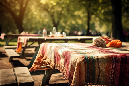 真实感户外木桌上的野餐背景