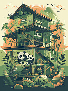 古风建筑熊猫图片