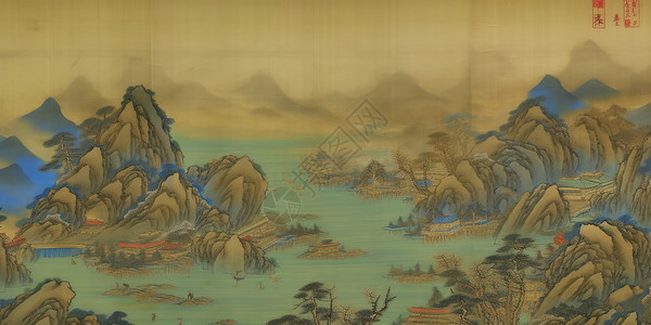 山水彩绘千里江山高清图片