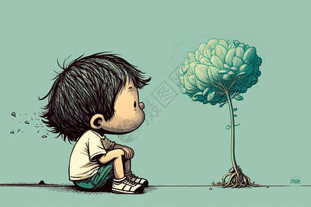 观察一棵树的男孩背景图片