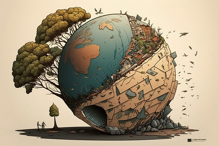 城市卫星地球的毁灭创意漫画插画