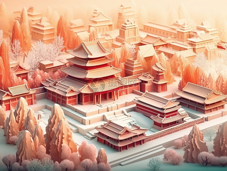 中式宫殿雪景图片