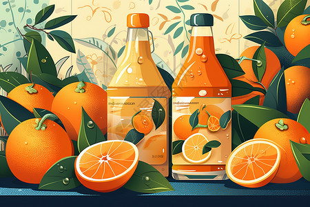 汽水与橙子平面插画背景图片