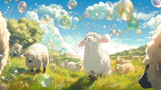 草地羊群可爱羊群插画