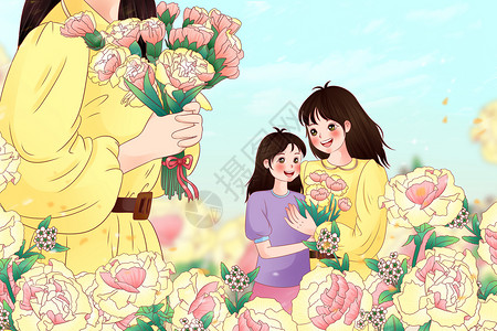 母亲节母女鲜花康乃馨花束温馨暖色背景图片