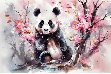 樱花树上的熊猫水彩背景图片
