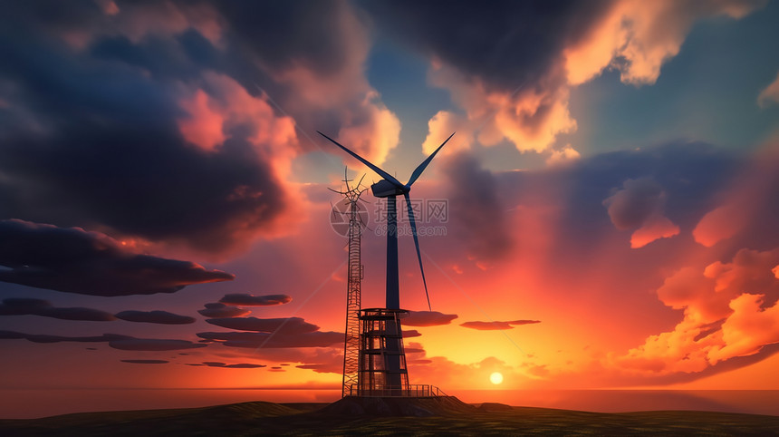 高山夕阳下的风力发电图片