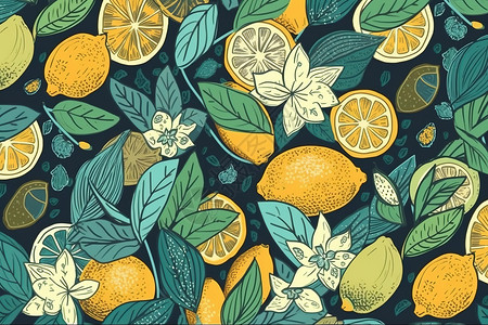 柠檬水果底纹手绘柠檬花纹插画