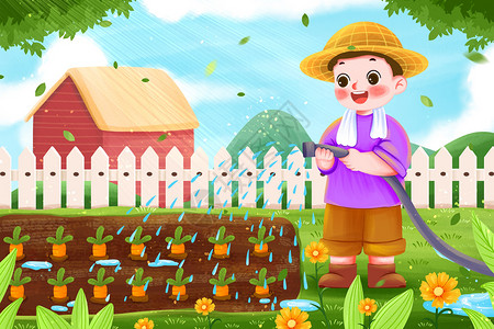 农活在地里给蔬菜浇水的人插画插画