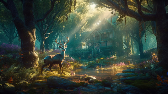林中小鹿和木屋背景图片