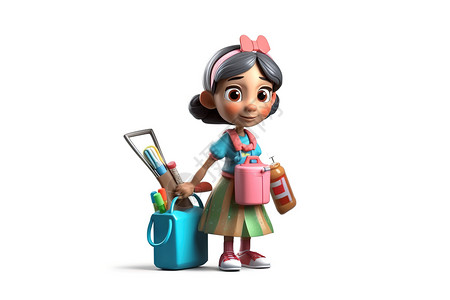 整理工具的女孩卡通人物背景图片