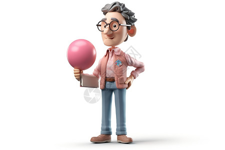 粉红色公文包手拿气球的卡通男人插画