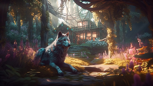 梦幻丛林房屋旁的小狼背景图片