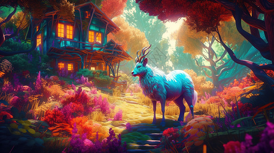 梦幻丛林房屋旁的麋鹿背景图片