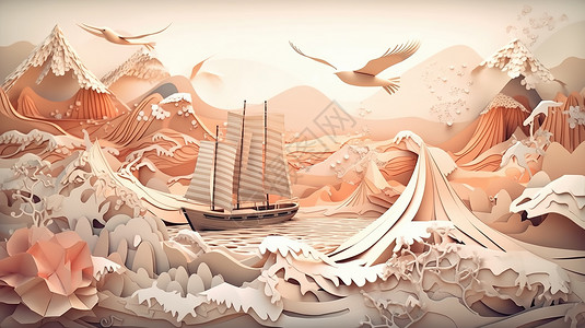 帆船浮雕风景图片
