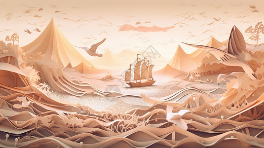山水帆船浮雕风景图片