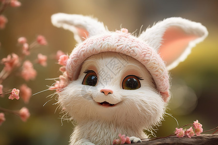 带着帽子的粉色兔子图片