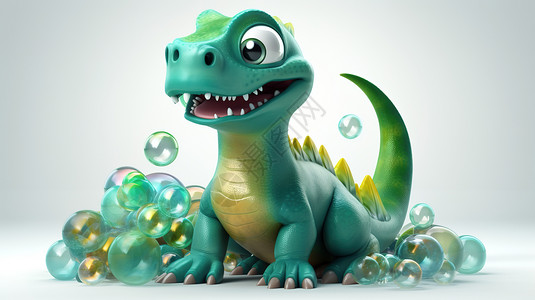 3D恐龙和一些绿色泡泡高清图片