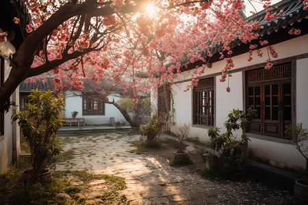 燕子春天院子里的桃花背景