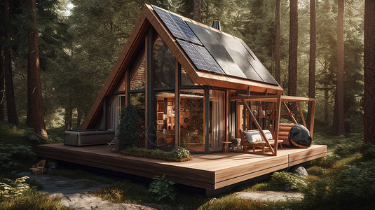 阳光下森林中的木屋背景图片
