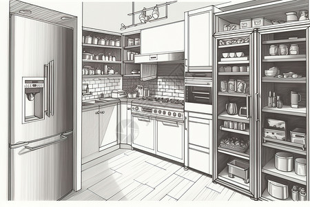 厨房黑白厨房家居插画