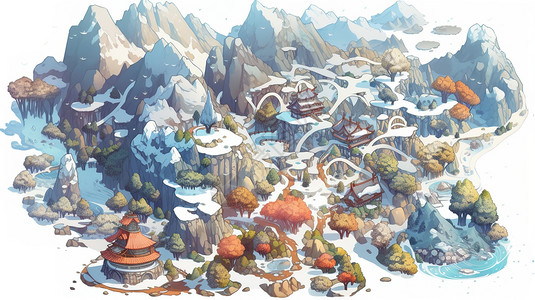 雪山枫叶景色动漫插画图高清图片