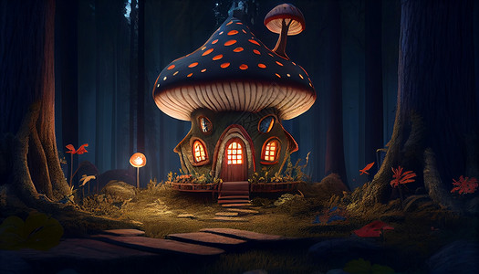 蘑菇房子艺术插画图片
