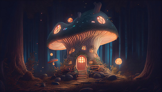 夜晚森林中的蘑菇房子插画图片