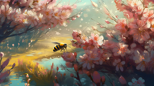 春分节气桃花林中的蜜蜂昆虫风景背景图片
