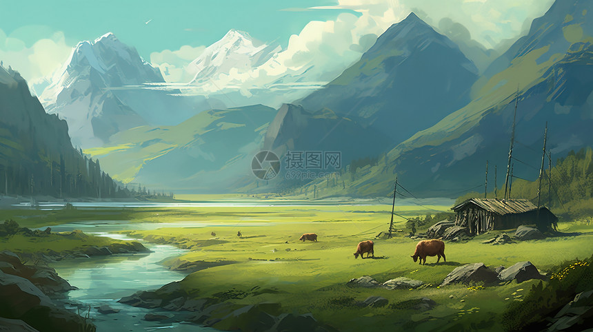 清明节气山川草原上的牛群风景图片