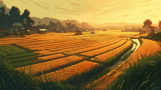处暑节气夕阳下的农田乡村场景风景图片