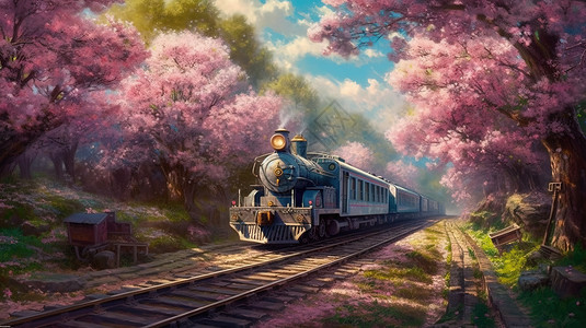 唯美治愈春分节气樱花林中的旅行火车背景图片