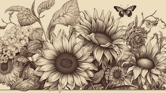 图案线稿素描向日葵插画