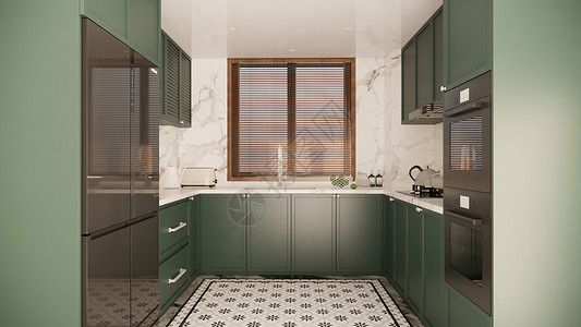 现代绿色系U型厨房图片