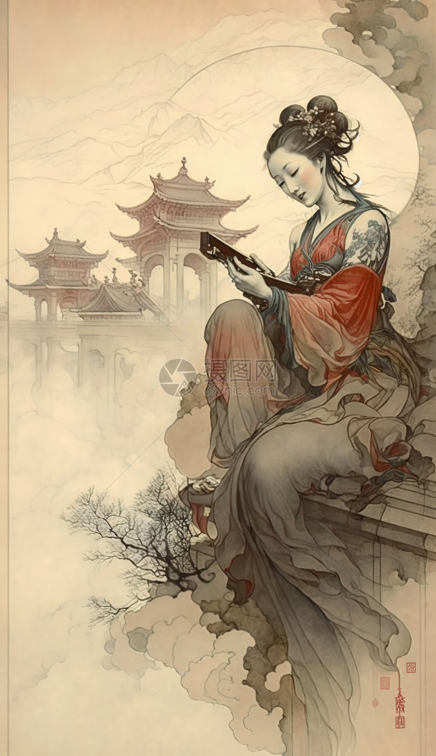 古风美女手绘人物竖版插画图片