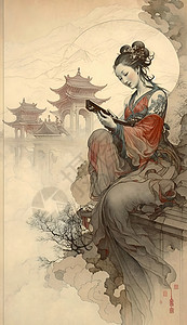 古风美女手绘人物竖版插画图片