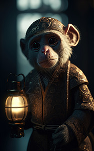 猴子穿着汉服举着灯背景图片