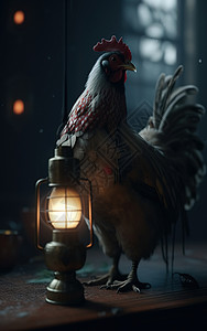 大公鸡穿着汉服举着灯背景图片